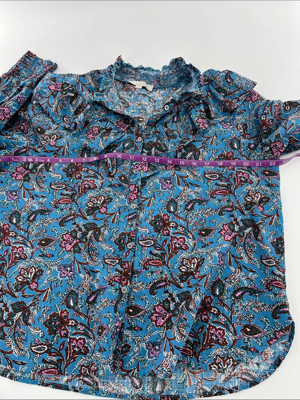 LOFT Bouquet Ruffle Blue Yoke Long Sleeve Button Down Puff Sleeve Shirt‎ Sz L